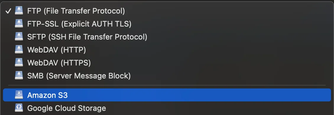 Select Amazon S3 as protocol in the dropdown
