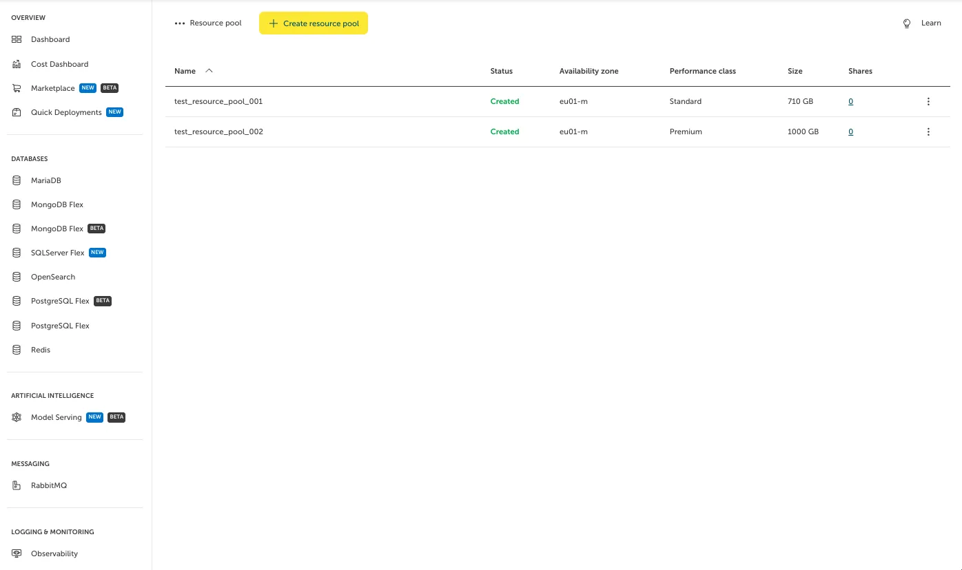 Screenshot of the "Resource pool" overview dashboard in the STACKIT Portal interface. The left navigation panel displays high-level categories like Databases, Artificial Intelligence, and Messaging. The main area contains a yellow "Create resource pool" button and a table listing active pools named "test_resource_pool_001" and "test_resource_pool_002" with a "Created" status, located in availability zone "eu01-m". Their respective sizes are 710 GB (Standard performance class) and 1000 GB (Premium performance class).
