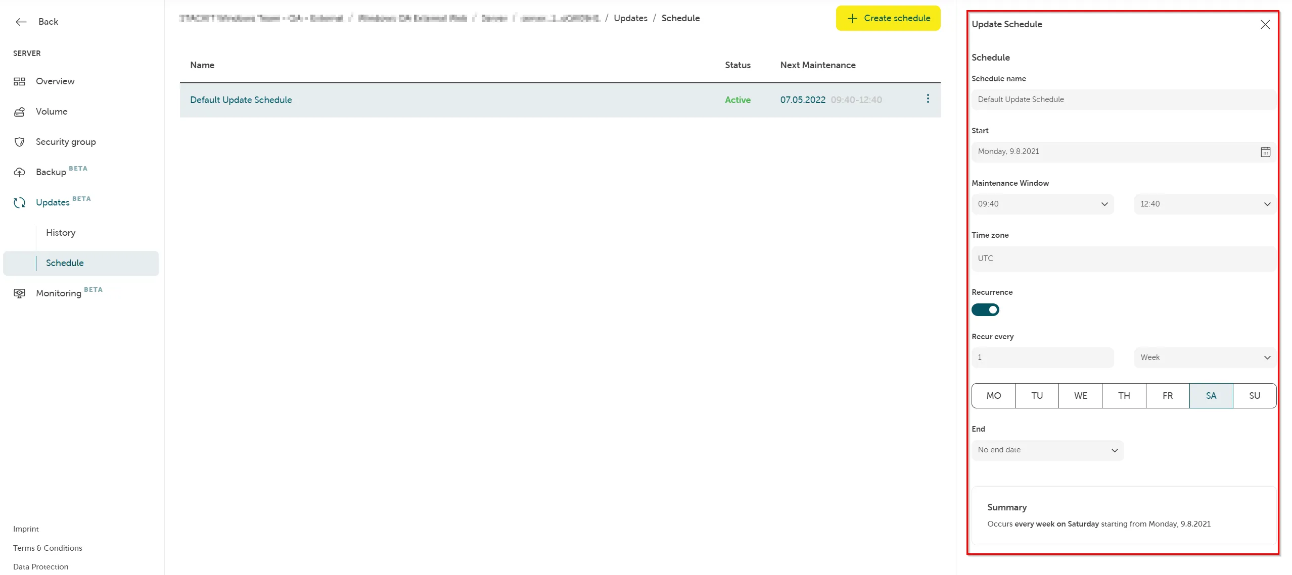 Screenshot of the "Update Schedule" configuration panel, a large panel overlaid on the right side of the main "Updates / Schedule" page. The panel contains fields to configure a recurring update job. Fields include: "Schedule name" (Default Update Schedule), "Start" (Monday, 9.8.2021), "Maintenance Window" (09 to 12), and "Time zone" (UTC). "Recurrence" is enabled, set to recur every "1 Week" on Saturday ("SA") and Sunday ("SU") (highlighted in blue). The "End" is set to "No end date." The panel summarizes the settings at the bottom: "Occurs every week on Saturday starting from Monday, 9.8.2021."
